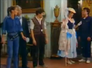 Screenshot from episode 6 of a characters at a garden party
